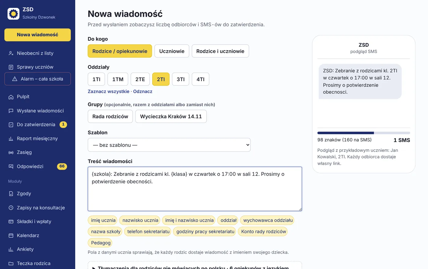Formularz nowej wiadomości z wyborem oddziału i podglądem SMS-a
